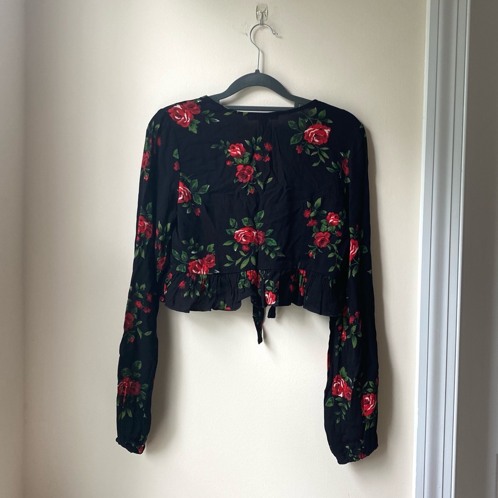 Black Rose Ruffle Tie Blouse